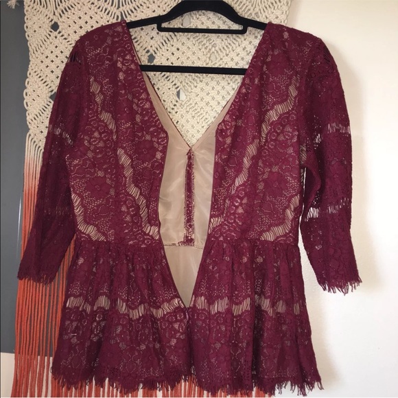 Anthropologie Wine Red Lace Peplum Top - Picture 5 of 7
